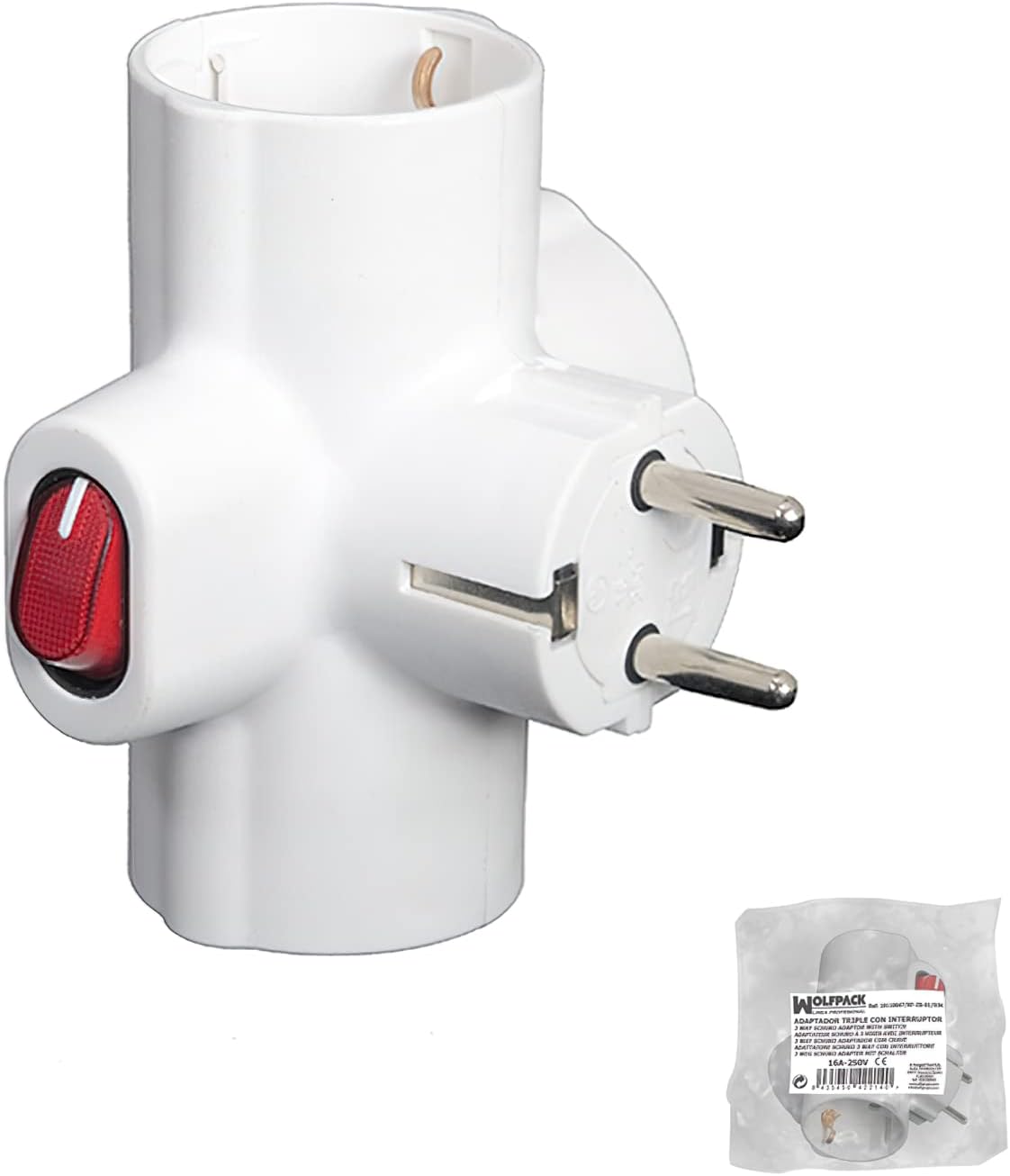Wolpack 19110047 Triple Schuko Adaptor 16 A 250 V with Switch.