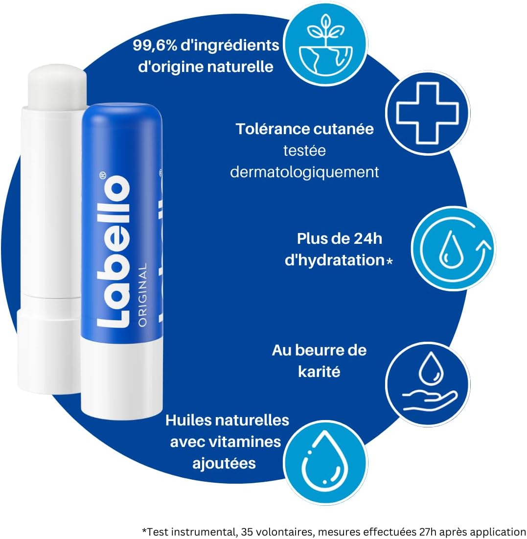 LABELLO Original (1 x 4,8g), Baume à lèvres enrichi en huiles naturelles et à la texture onctueuse, Soin des lèvres Hydratation longue durée pendant 24H
