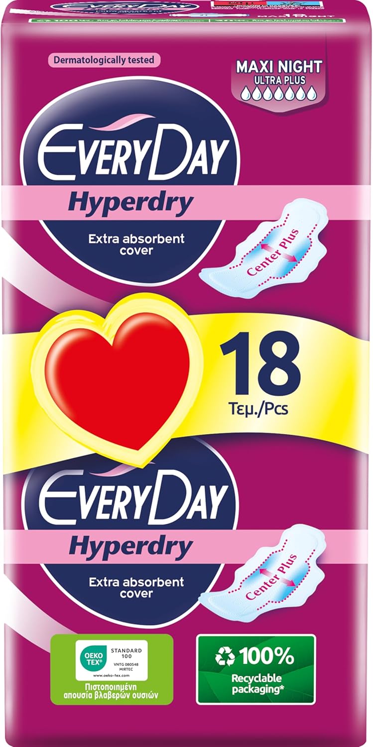 EveryDay Hyperdry Super, Serviettes Hygiéniques Longues avec Ailettes, Flux Abondant, 18 Unité