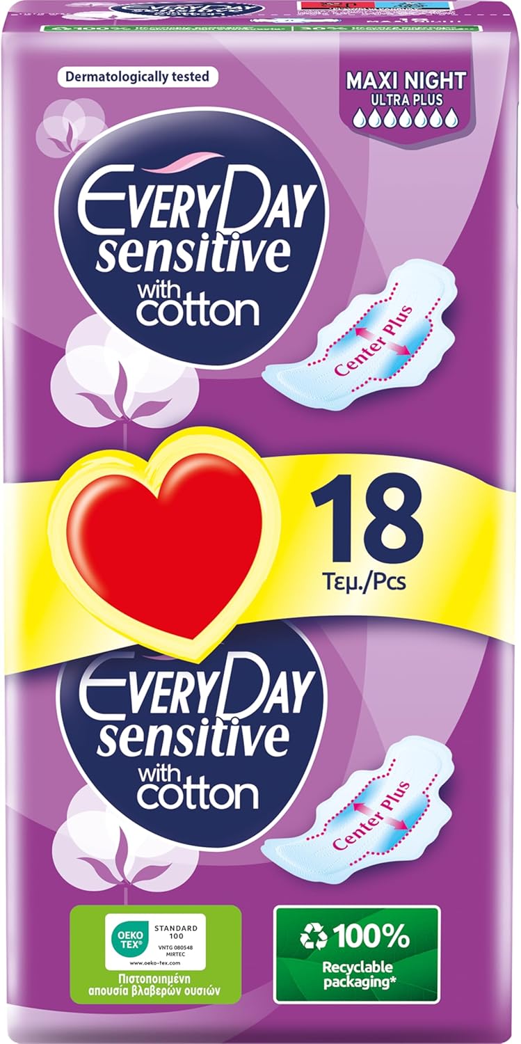 EveryDay Sensitive Super, Filtrant avec Coton, Serviettes Hygiéniques Longues avec Ailettes, Flux Abondant, 18 Unité