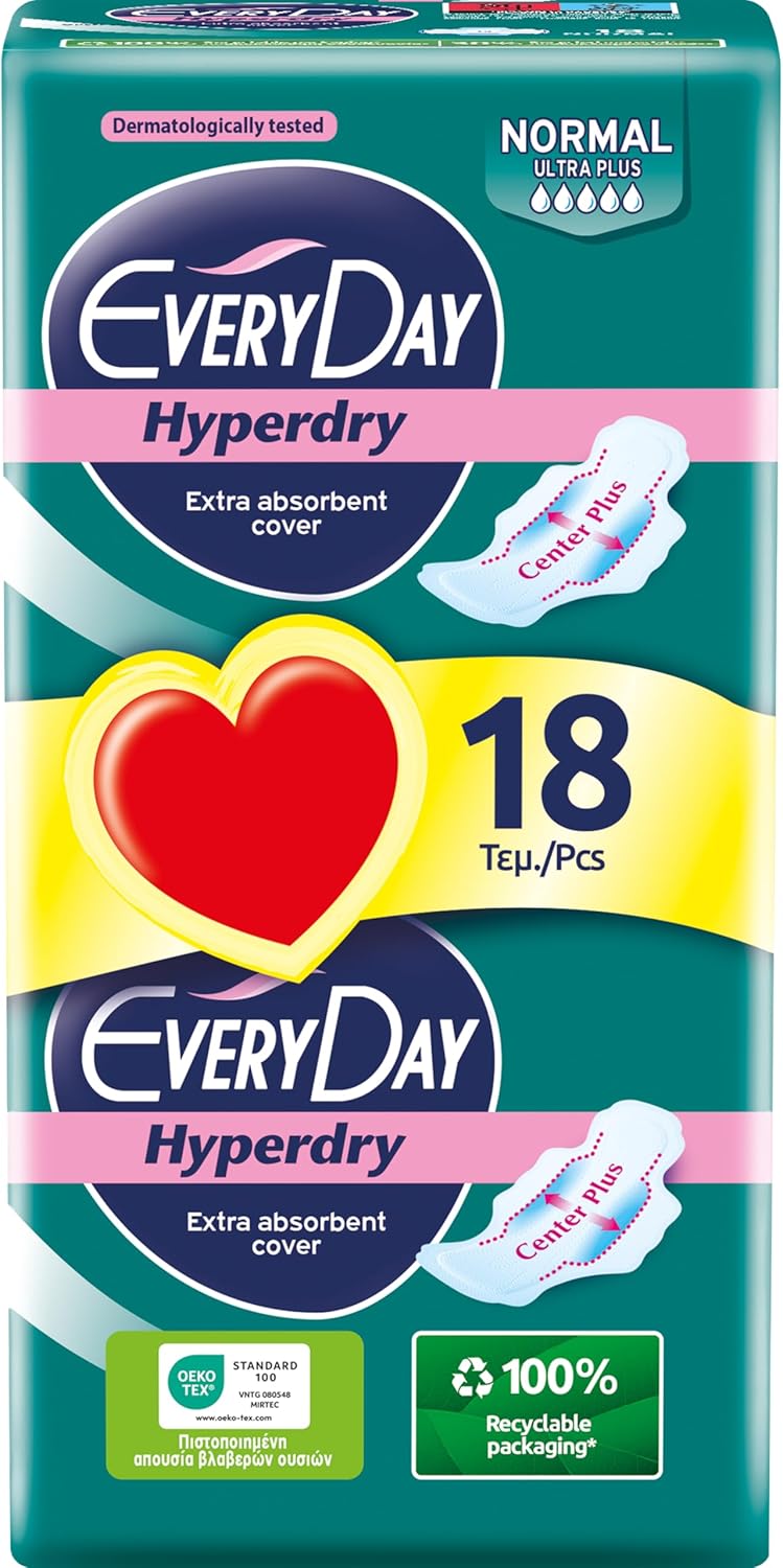 EveryDay Hyperdry Super, Serviettes Hygiéniques Longues avec Ailettes, Flux Abondant, 18 Unité