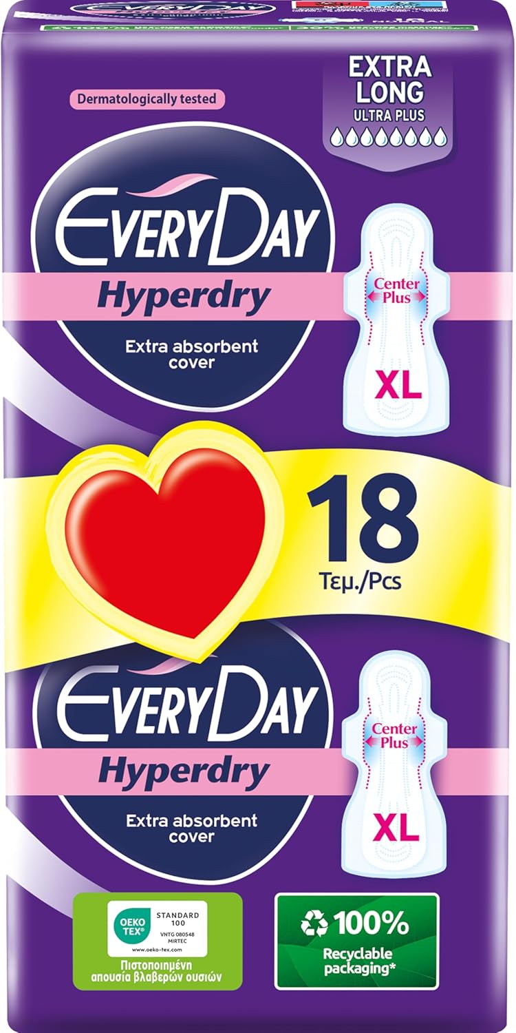 EveryDay Hyperdry Super, Serviettes Hygiéniques Longues avec Ailettes, Flux Abondant, 18 Unité