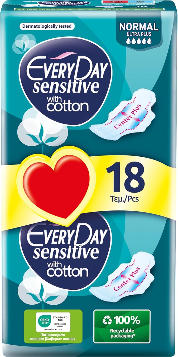 EveryDay Sensitive Super, Filtrant avec Coton, Serviettes Hygiéniques Longues avec Ailettes, Flux Abondant, 18 Unité