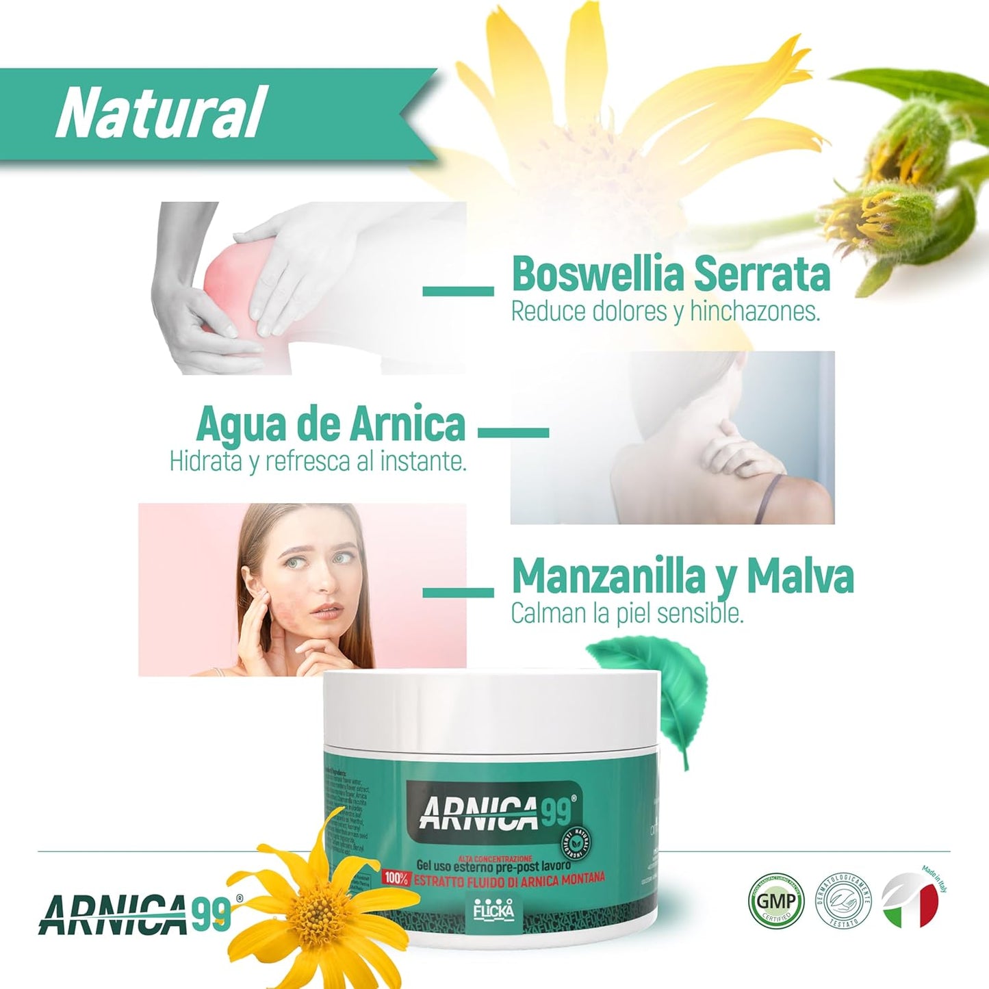 FLICKA Arnica pour chevaux, À usage humain fort, Gel avec concentration maximale d’Arnica Montana, Action rapide sur les muscles et les artisans, 100 % naturel et fabriqué en Italie (500 ml)