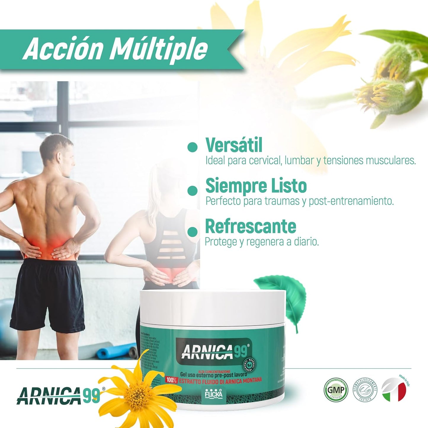 FLICKA Arnica pour chevaux, À usage humain fort, Gel avec concentration maximale d’Arnica Montana, Action rapide sur les muscles et les artisans, 100 % naturel et fabriqué en Italie (500 ml)