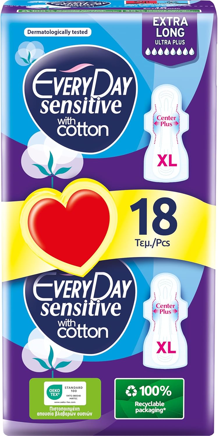EveryDay Sensitive Super, Filtrant avec Coton, Serviettes Hygiéniques Longues avec Ailettes, Flux Abondant, 18 Unité