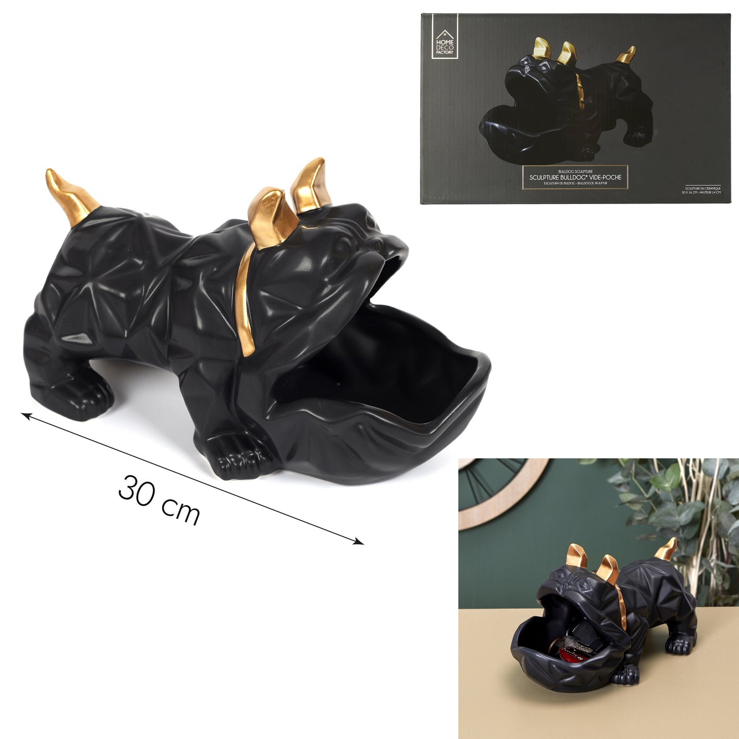 Sculpture Ceramique Bulldog Noir Vide Poche