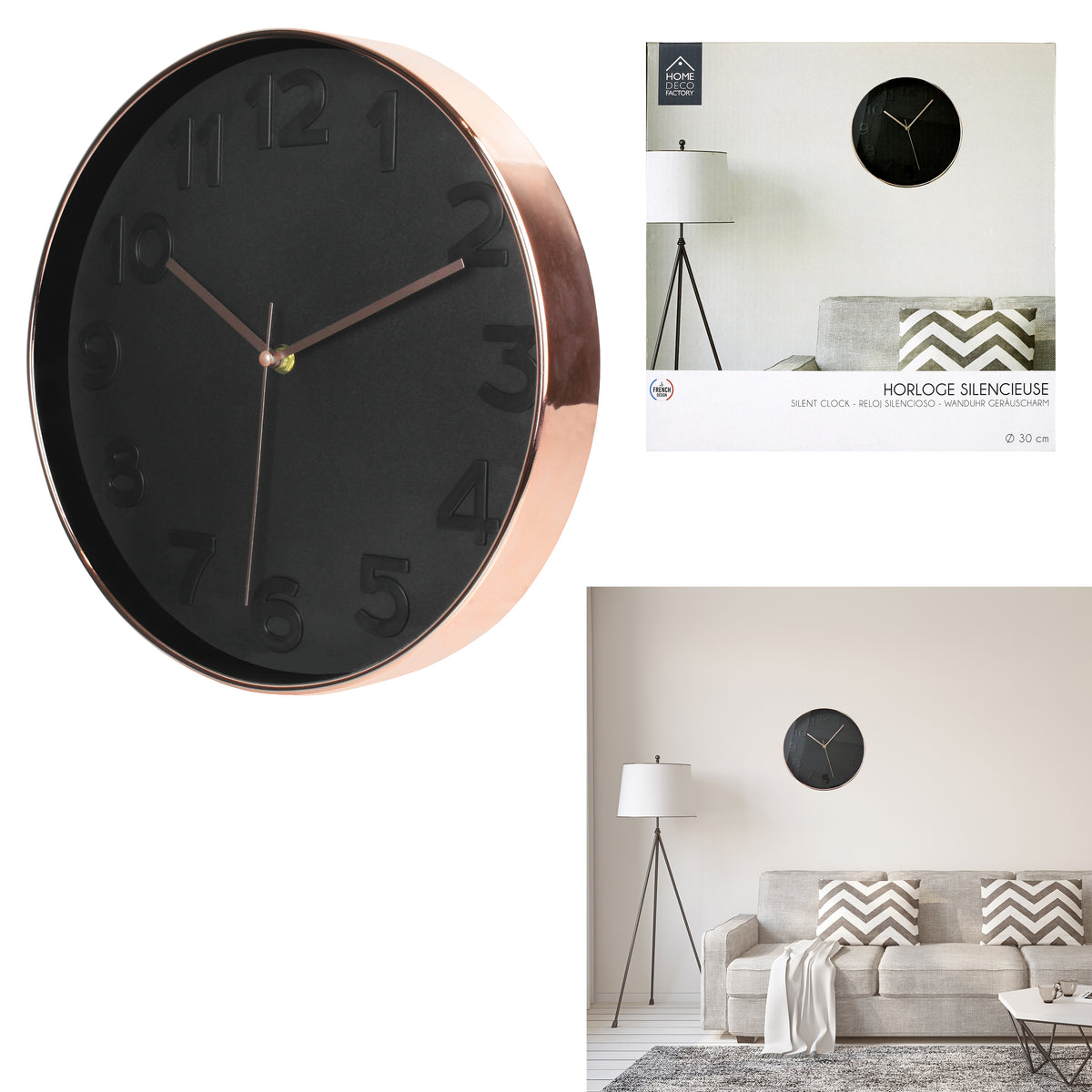 Horloge Ronde 30.5Cm Noire Cuivree