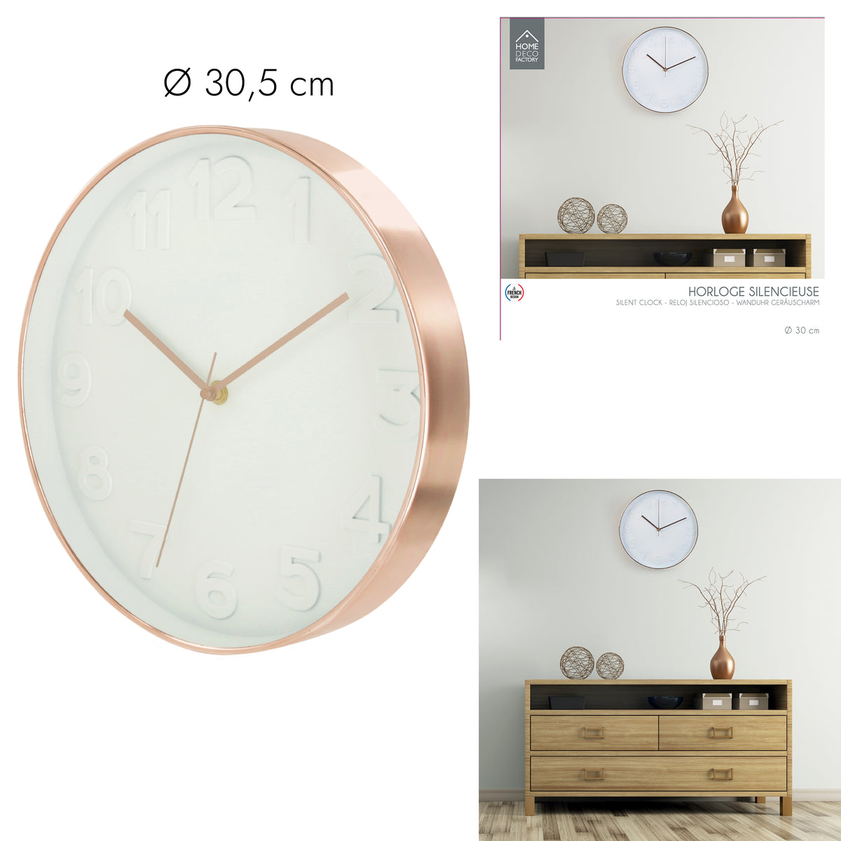Horloge Ronde 30.5Cm Blanche Cuivree