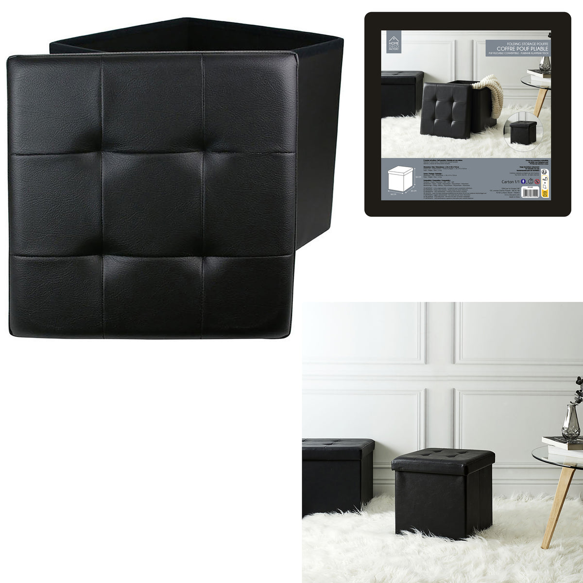 Coffre Pouf Pliable Pu Noir