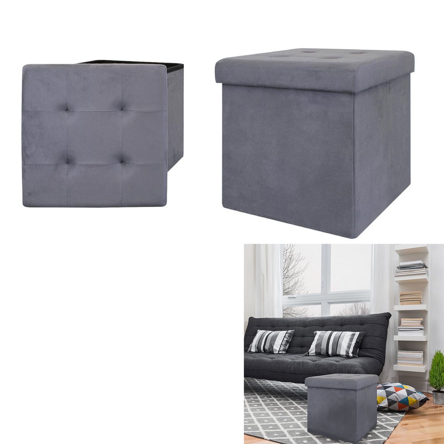 Coffre Pouf Pliable Suedine Gris Fonce