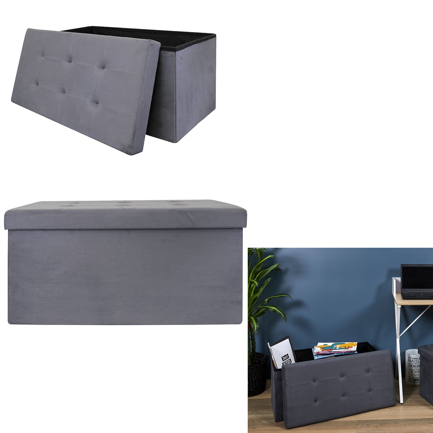 Coffre Banc Pliable Suedine Gris Fonce