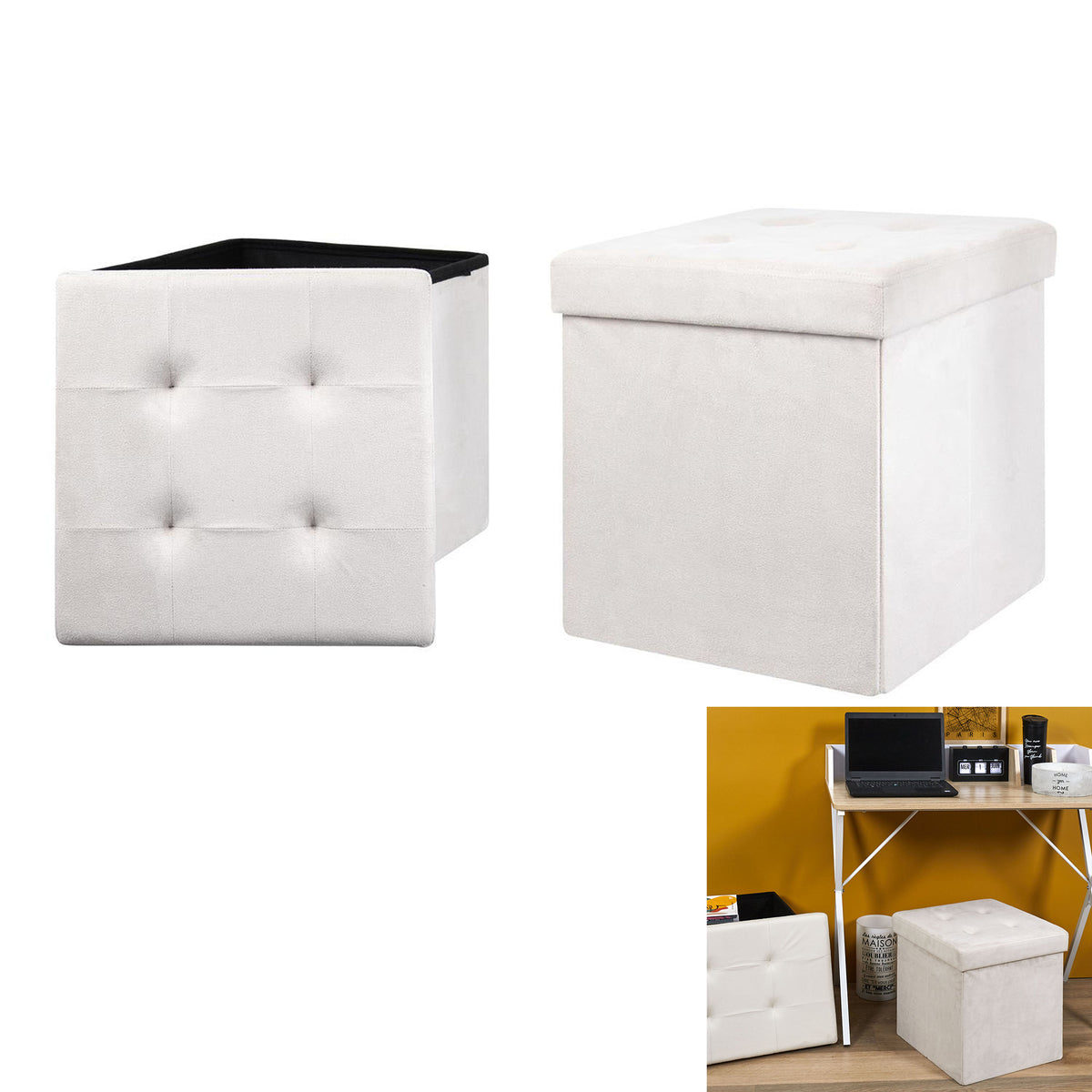 Coffre Pouf Pliable Suedine Beige