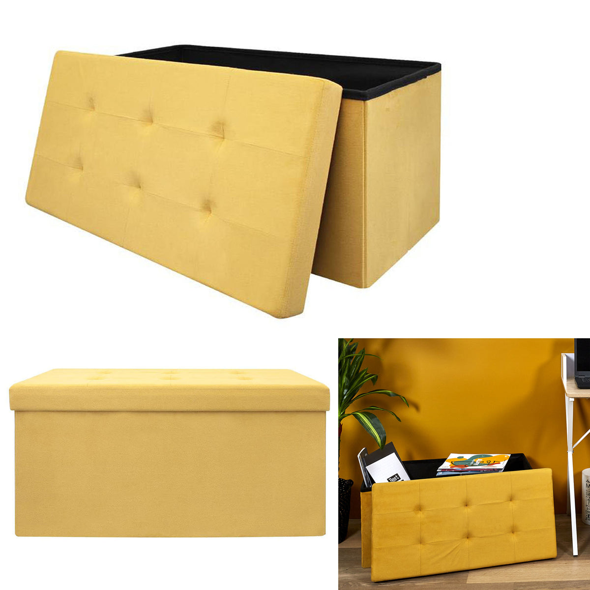 Coffre Banc Pliable Suedine Jaune