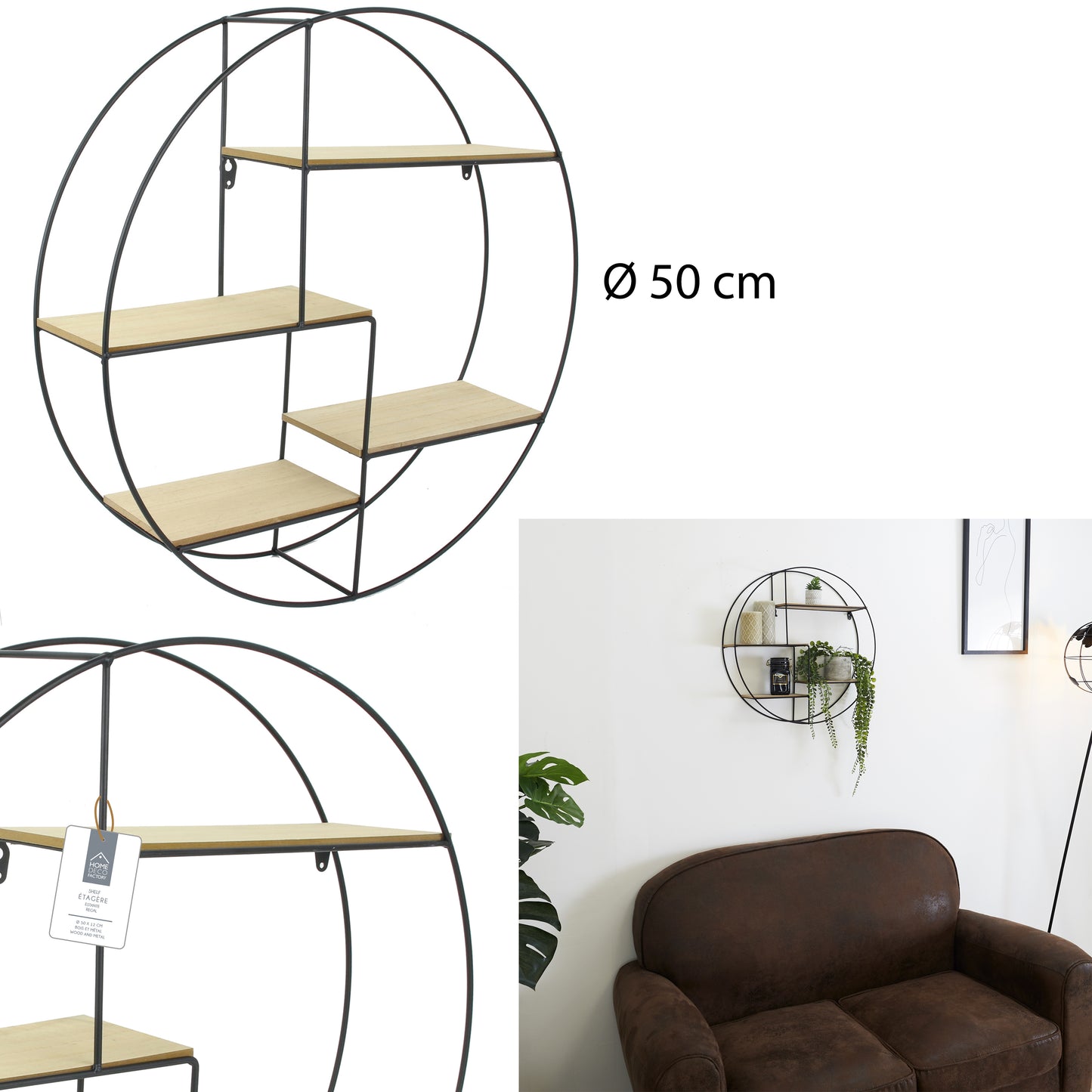 Etagere Bois Metal Rond 50X12X50Cm
