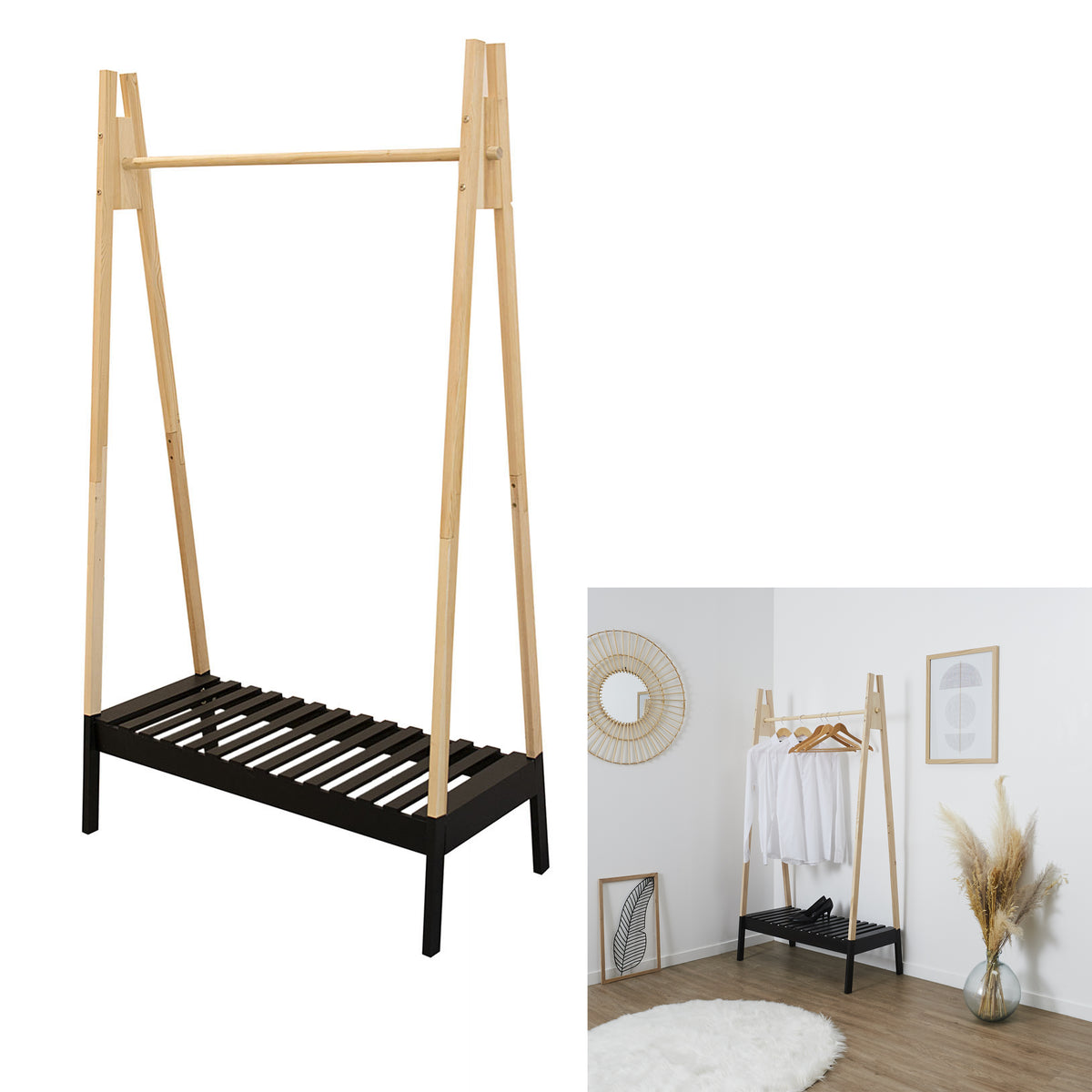 Portant A Vetements Bois Noir 100X46X170Cm