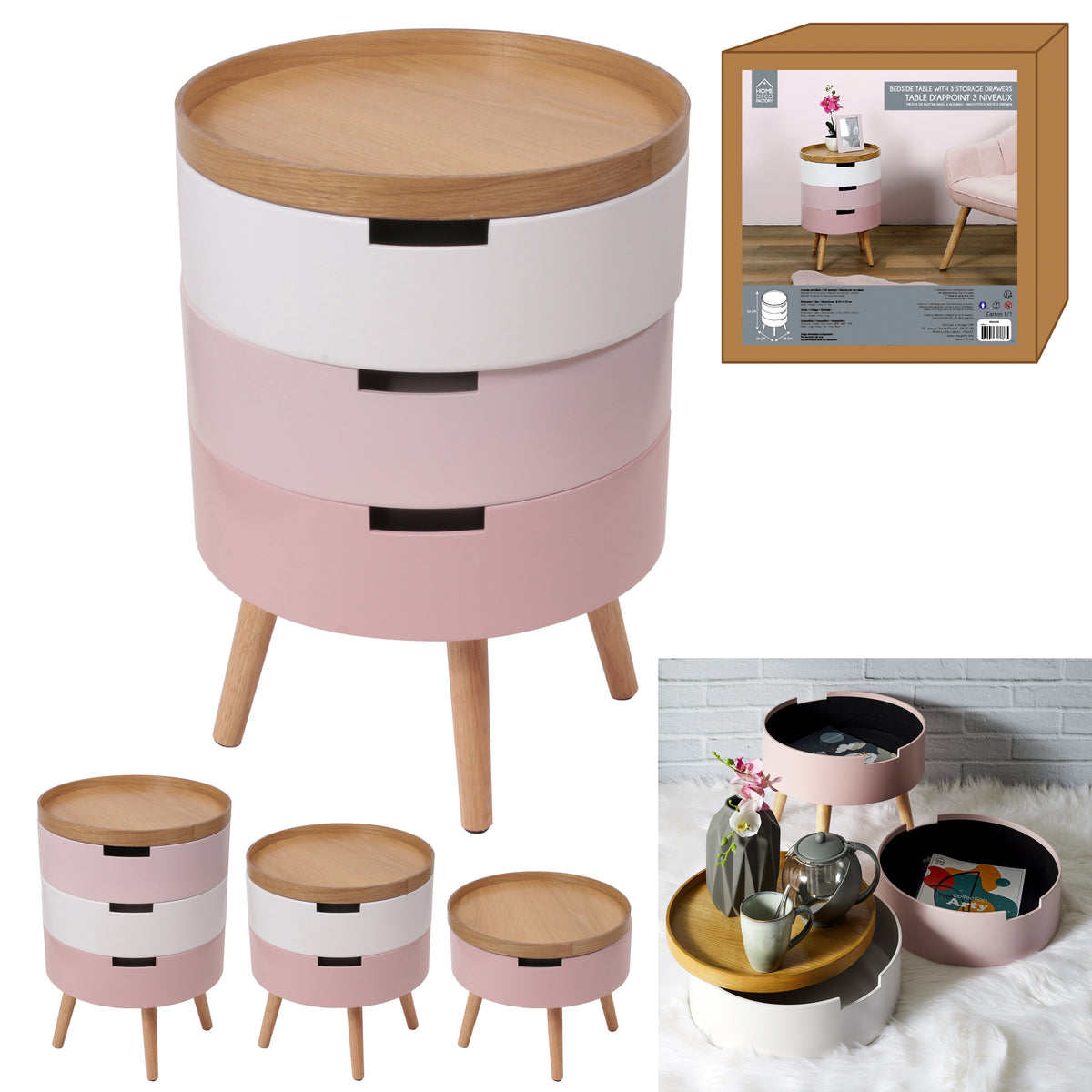 Table De Chevet Coffre 3 Niveaux Rose