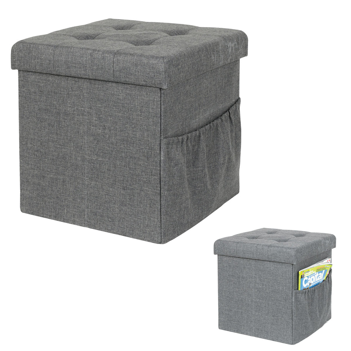 Coffre Pouf Pliable Tissu Gris Fonce