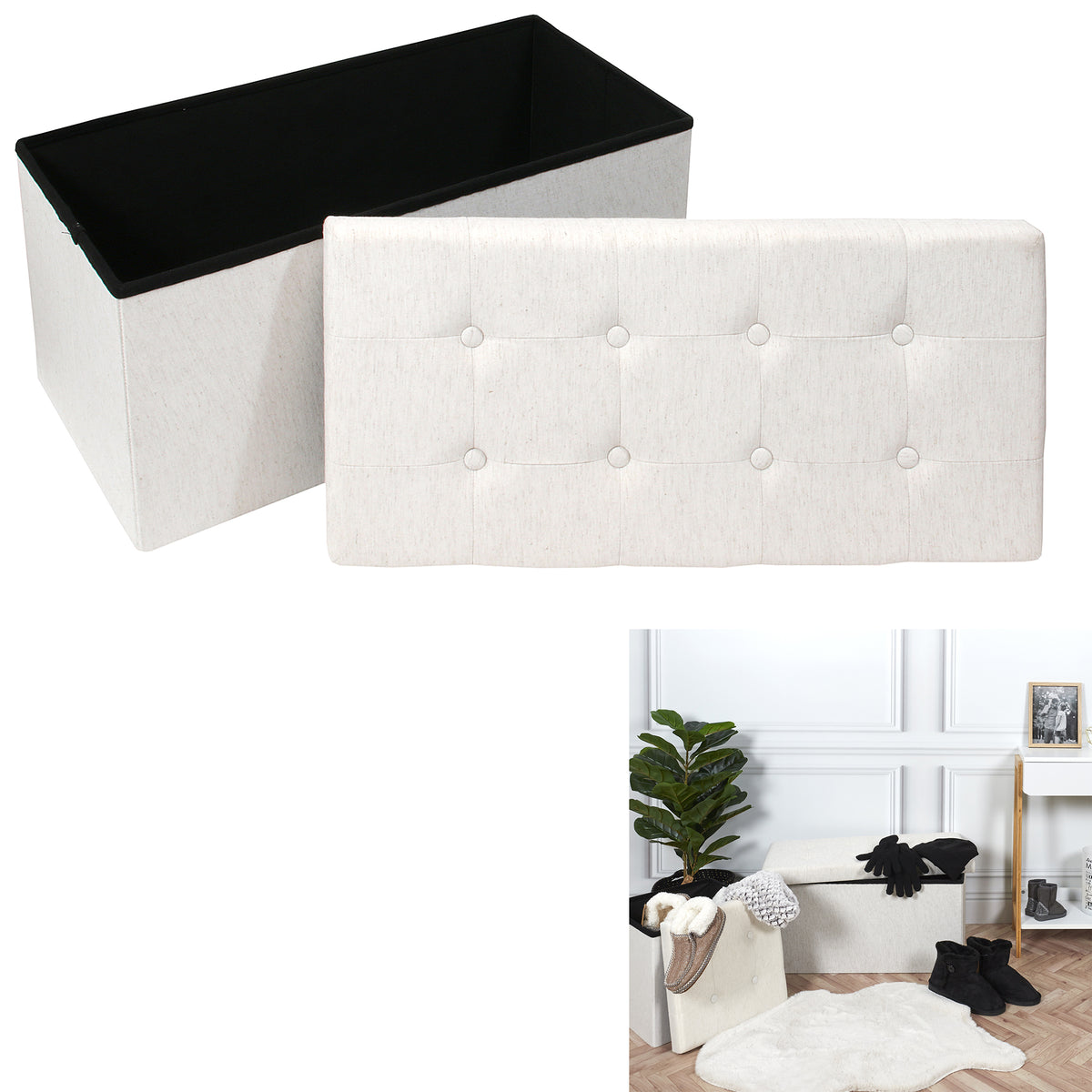 Coffre Banc Pliable Tissu Beige
