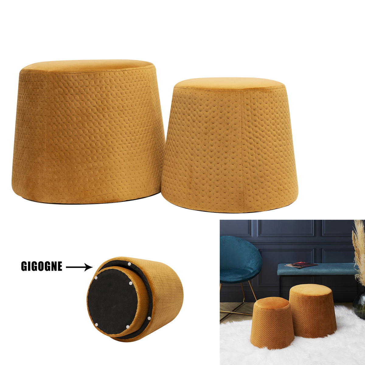 Pouf Gigogne Velours A Motif Ocre X2