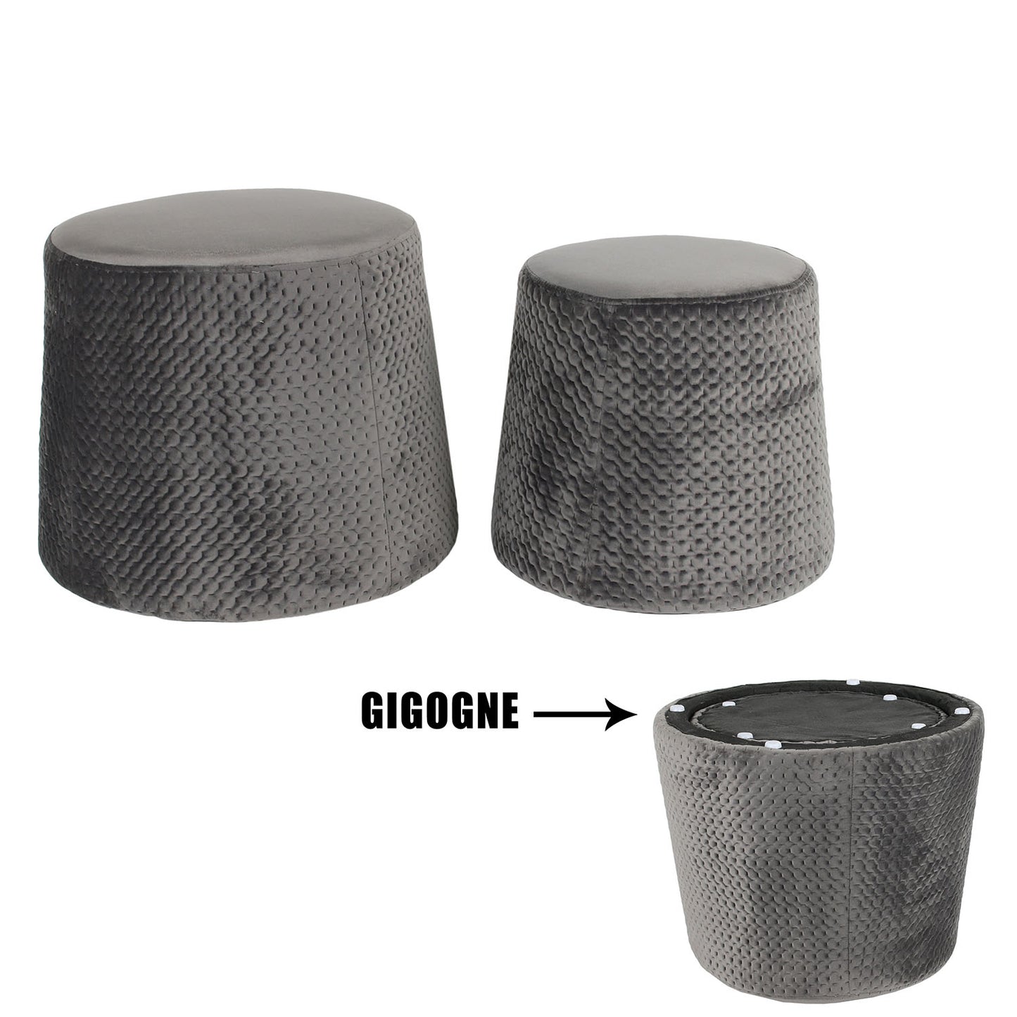 Pouf Gigogne Velours A Motif Gris Fonce X2
