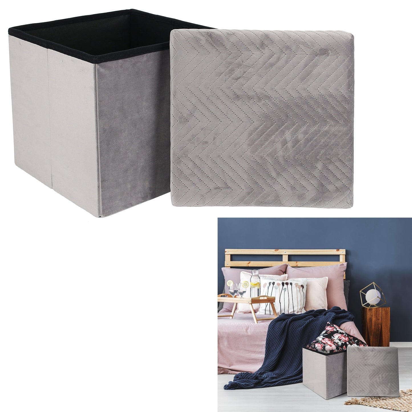 Coffre Pouf Pliable Velours A Motif Gris