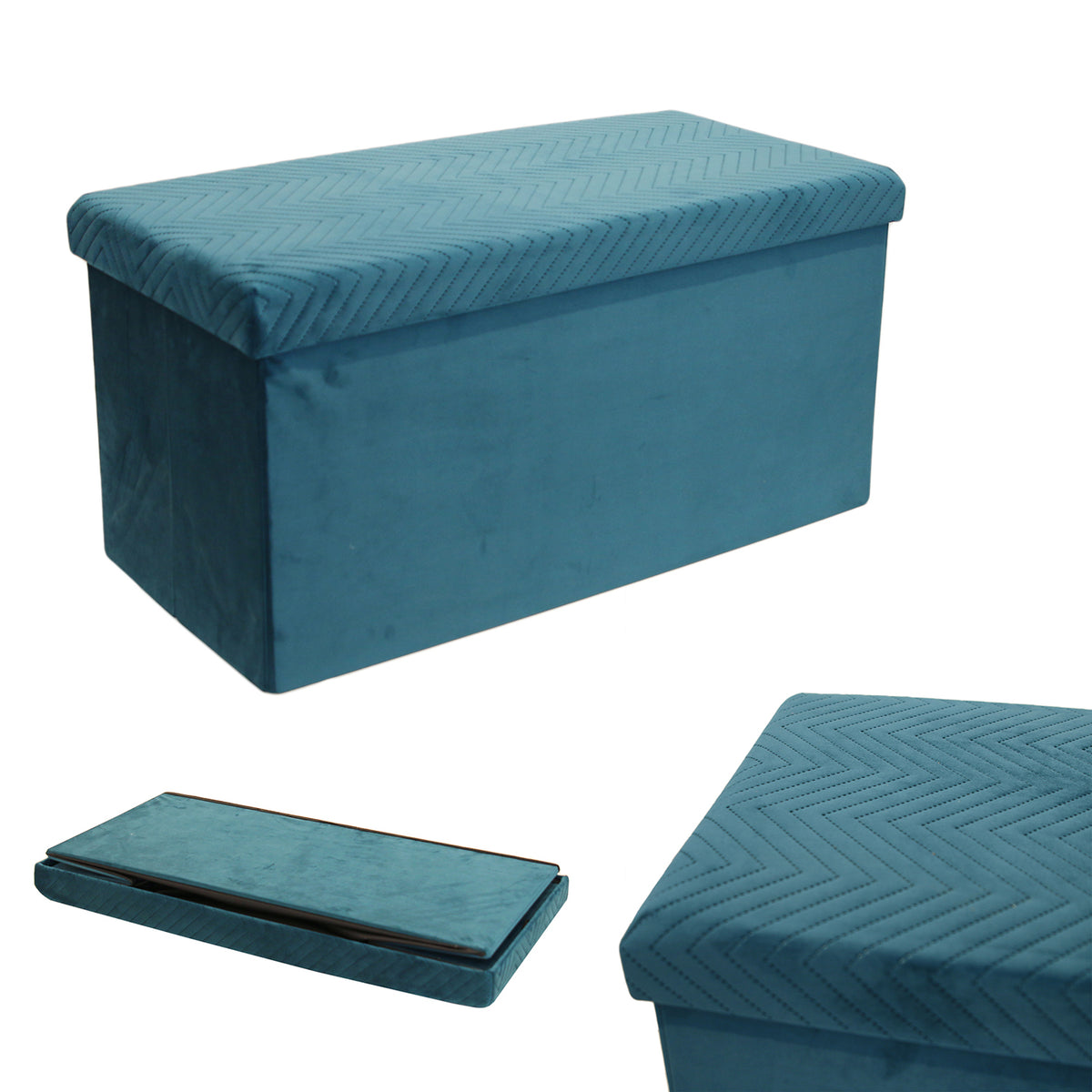 Coffre Banc Pliable Velours A Motif Bleu