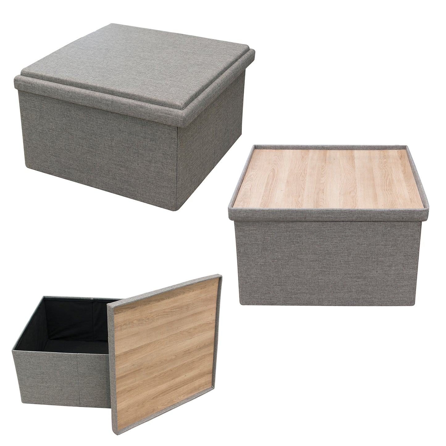 Coffre Pouf Pliable Table Tissu Gris 76X76Cm