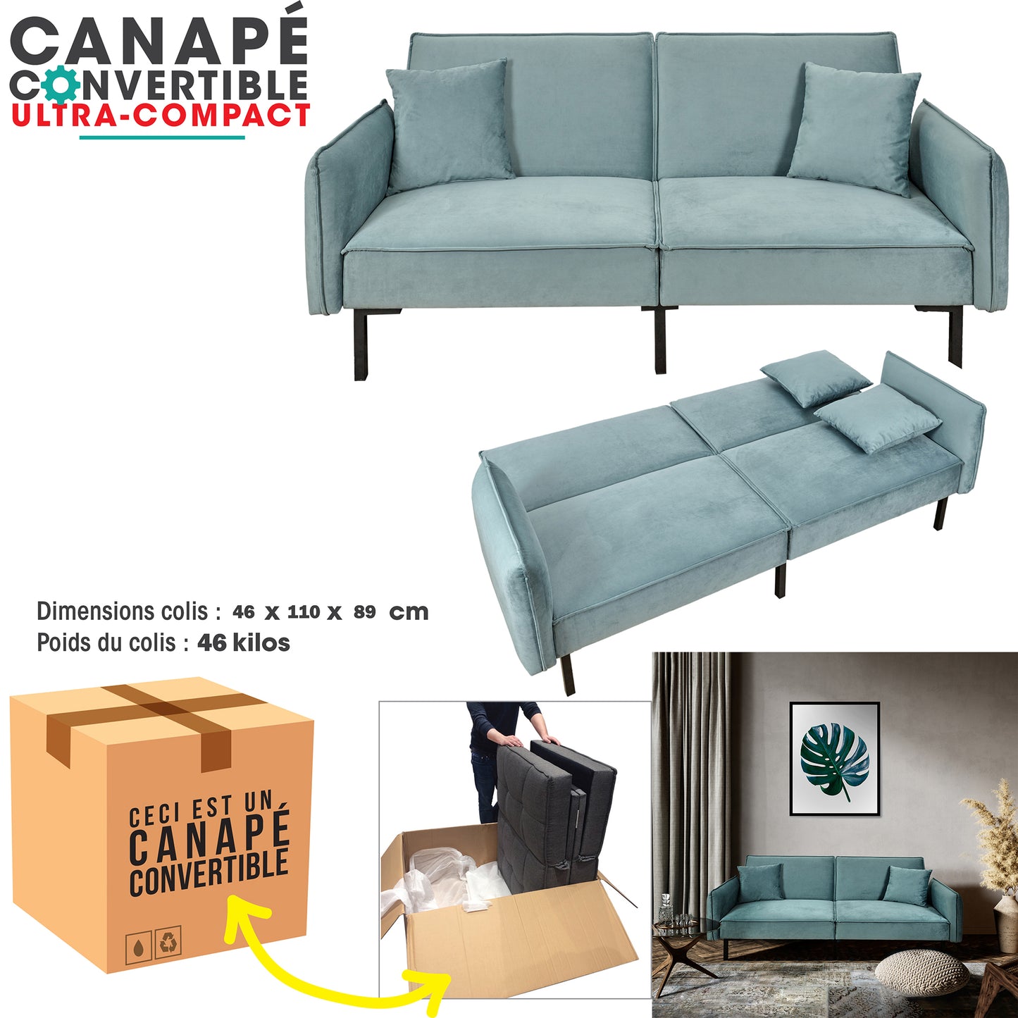 Canape Convertible Velours Vert De Gris
