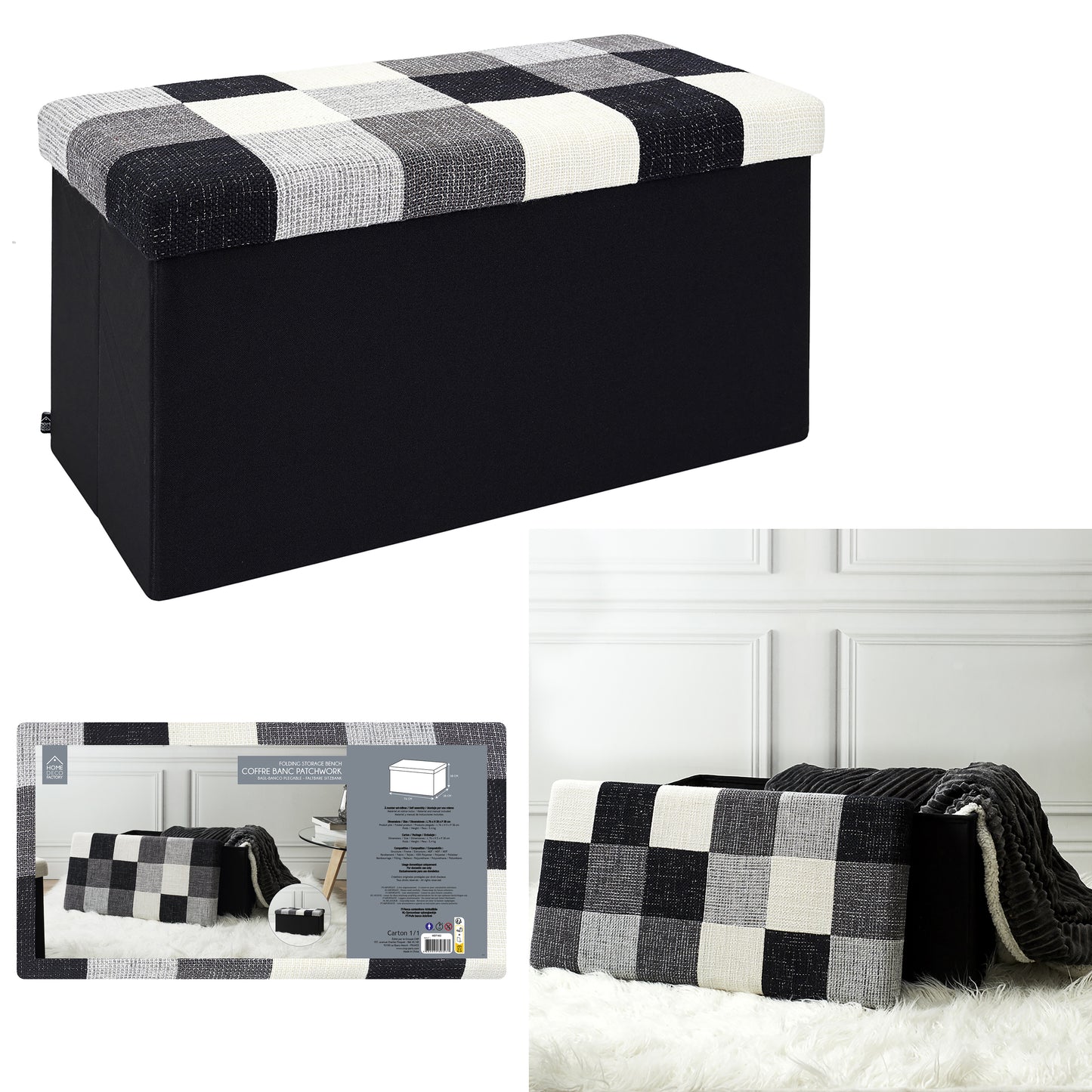 Coffre Banc Pliable Patchwork Gris