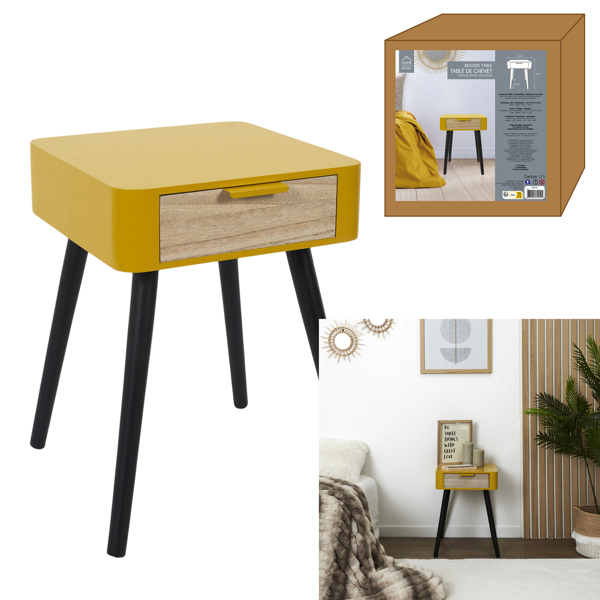 Chevet 1 Tiroir En Bois Jaune Moutarde