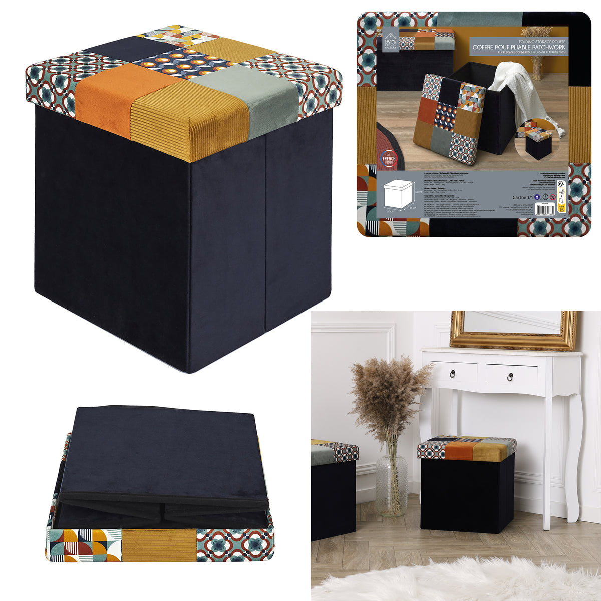Coffre Pouf Pliable Patchwork Retro