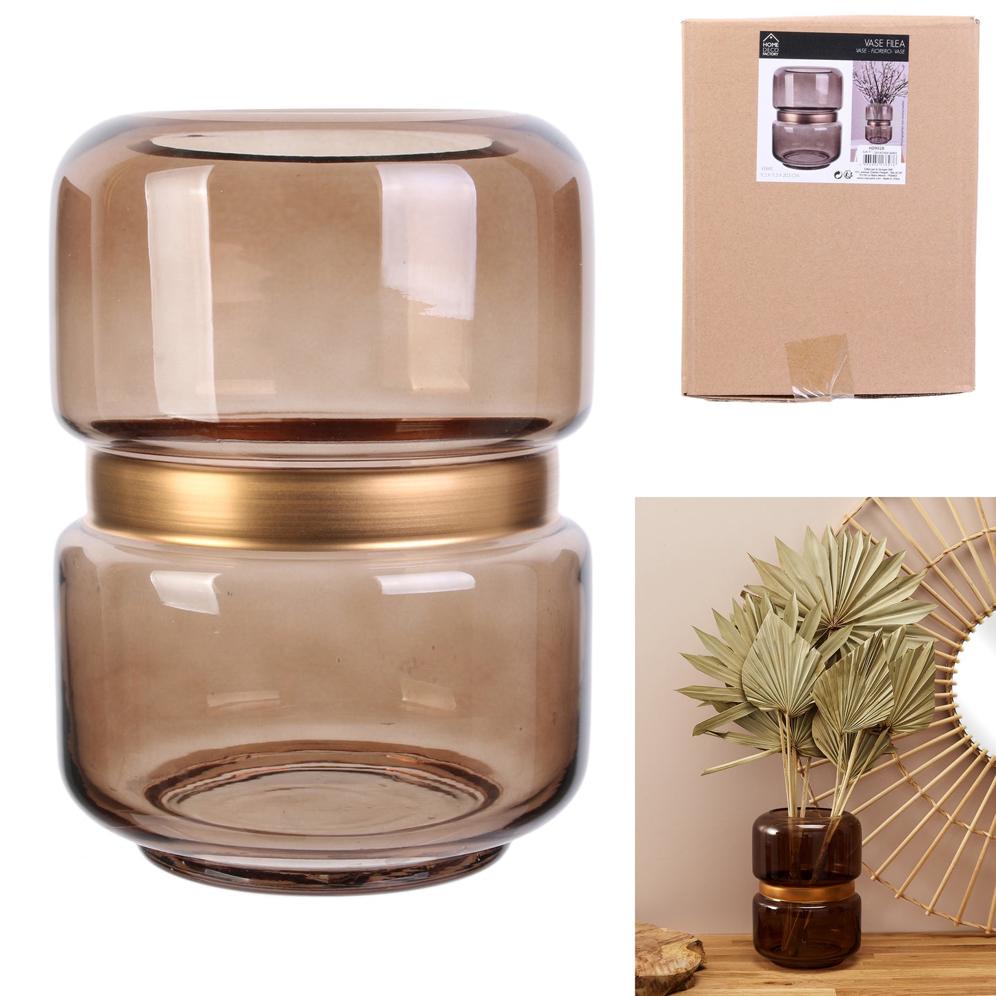 Vase Cerclage Dore Fume 20.5Cm