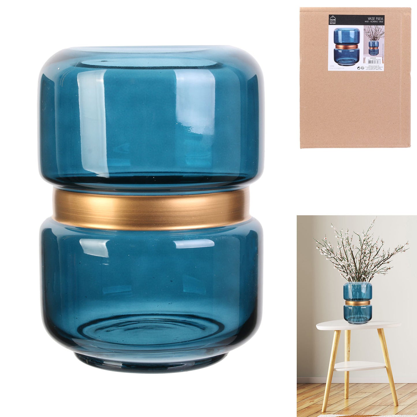 Vase Cerclage Dore Bleu 20.5Cm