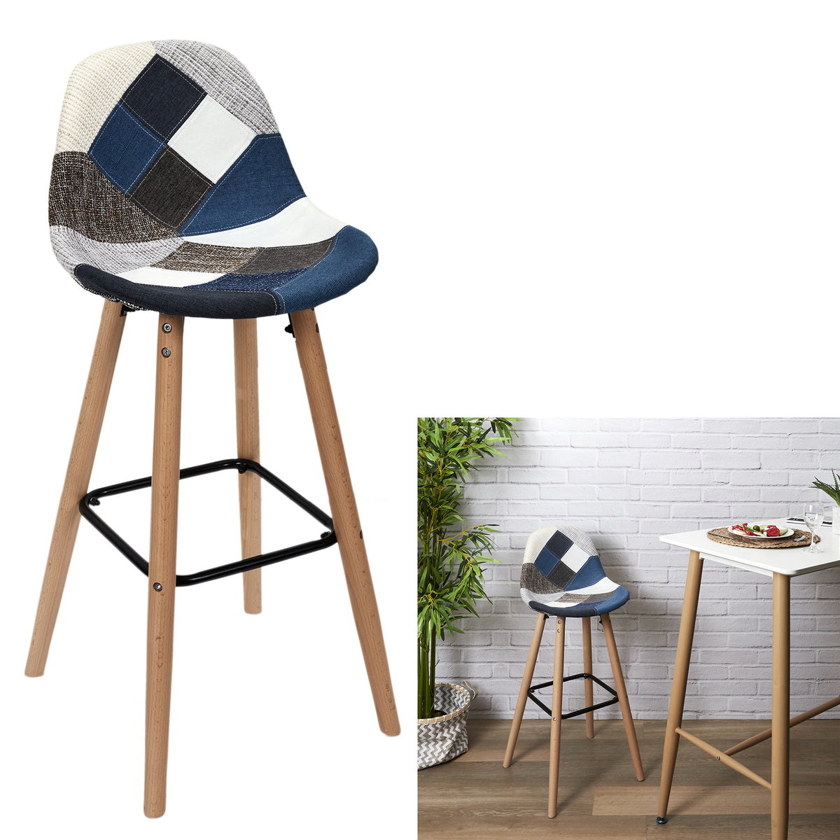 Lot De 2 Tabourets De Bar Patchwork Bleu Gris