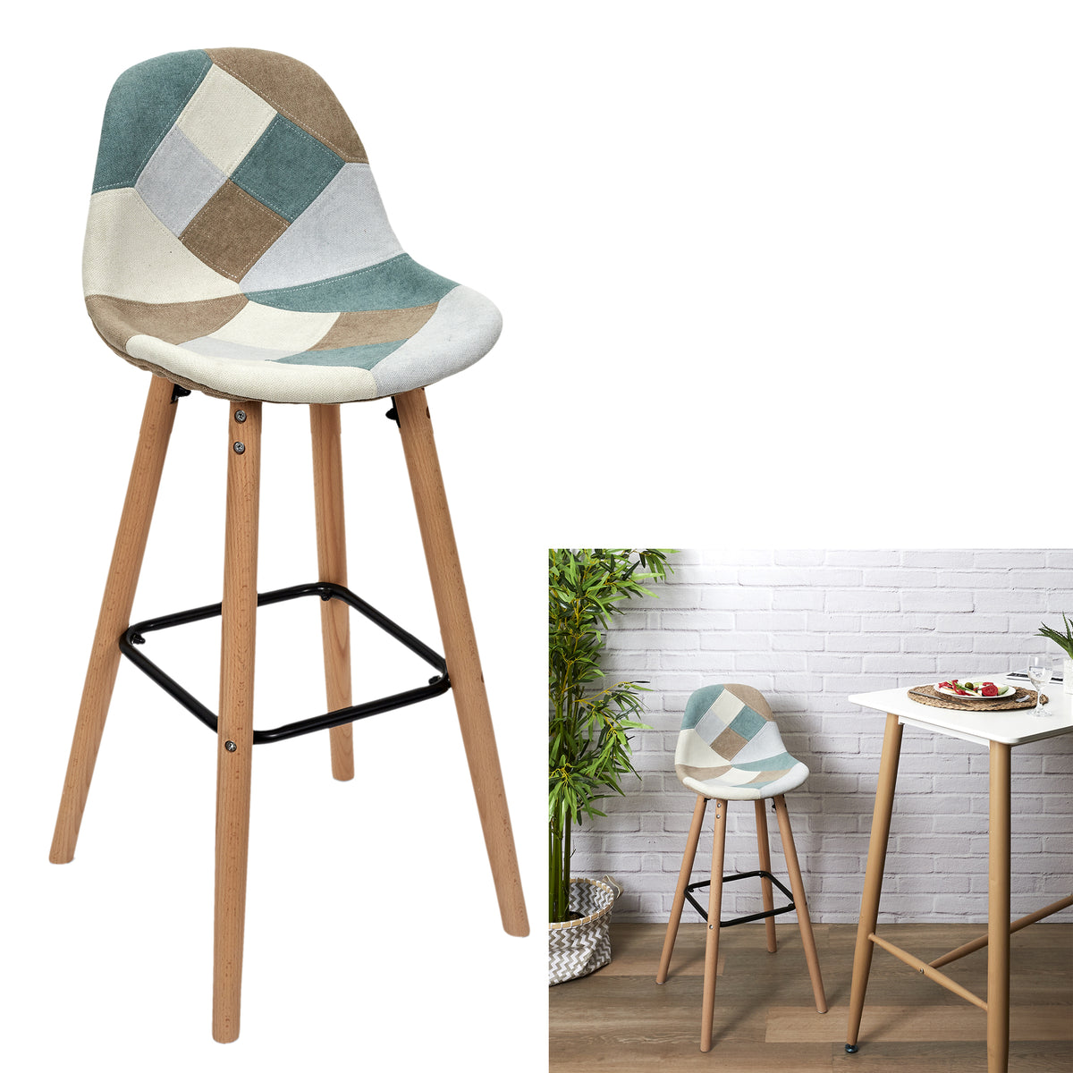 Lot De 2 Tabourets De Bar Patchwork Bleu Clair