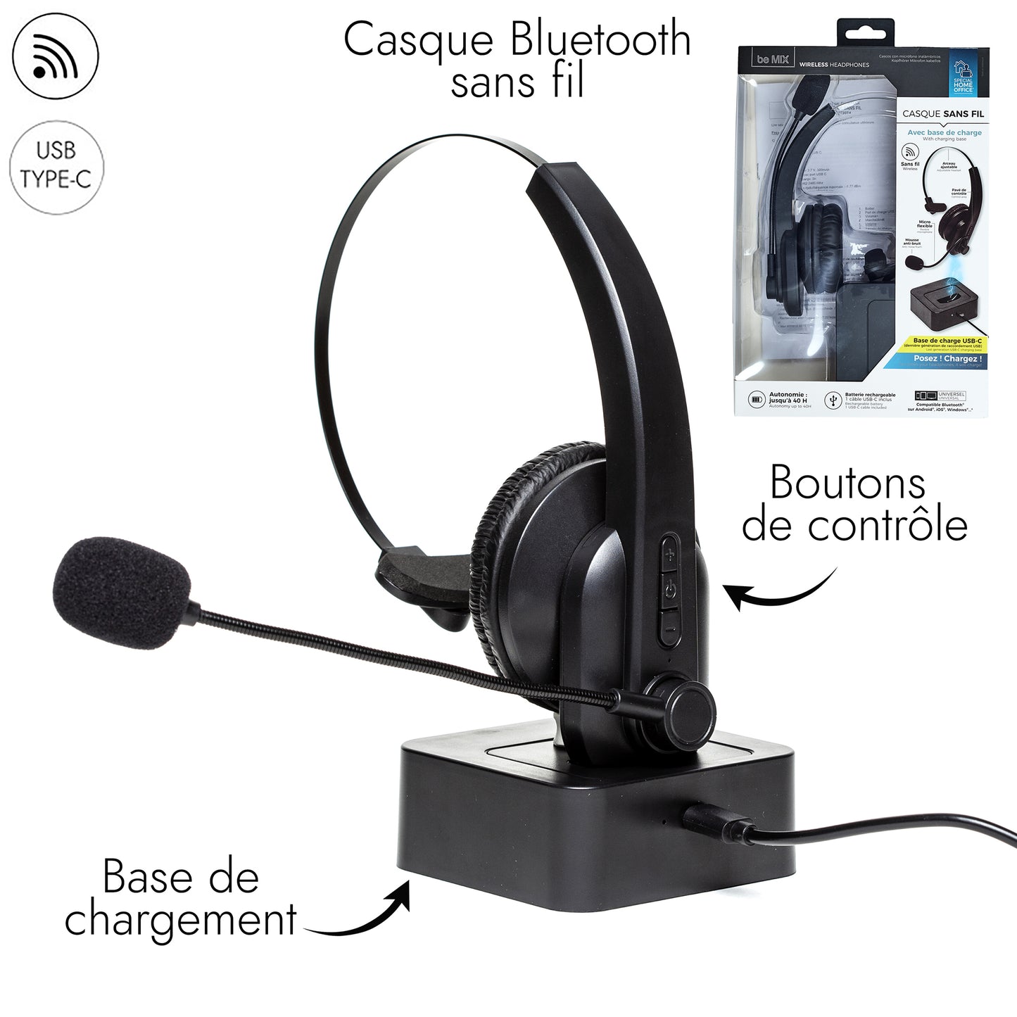 Casque Microphone Sans Fil Base De Chargement