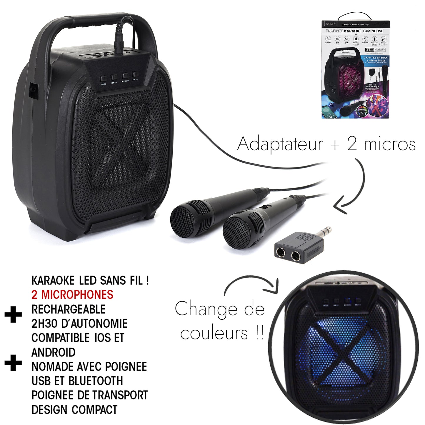 Enceinte Sans Fil 8W Karaoke 2 Micros Integres