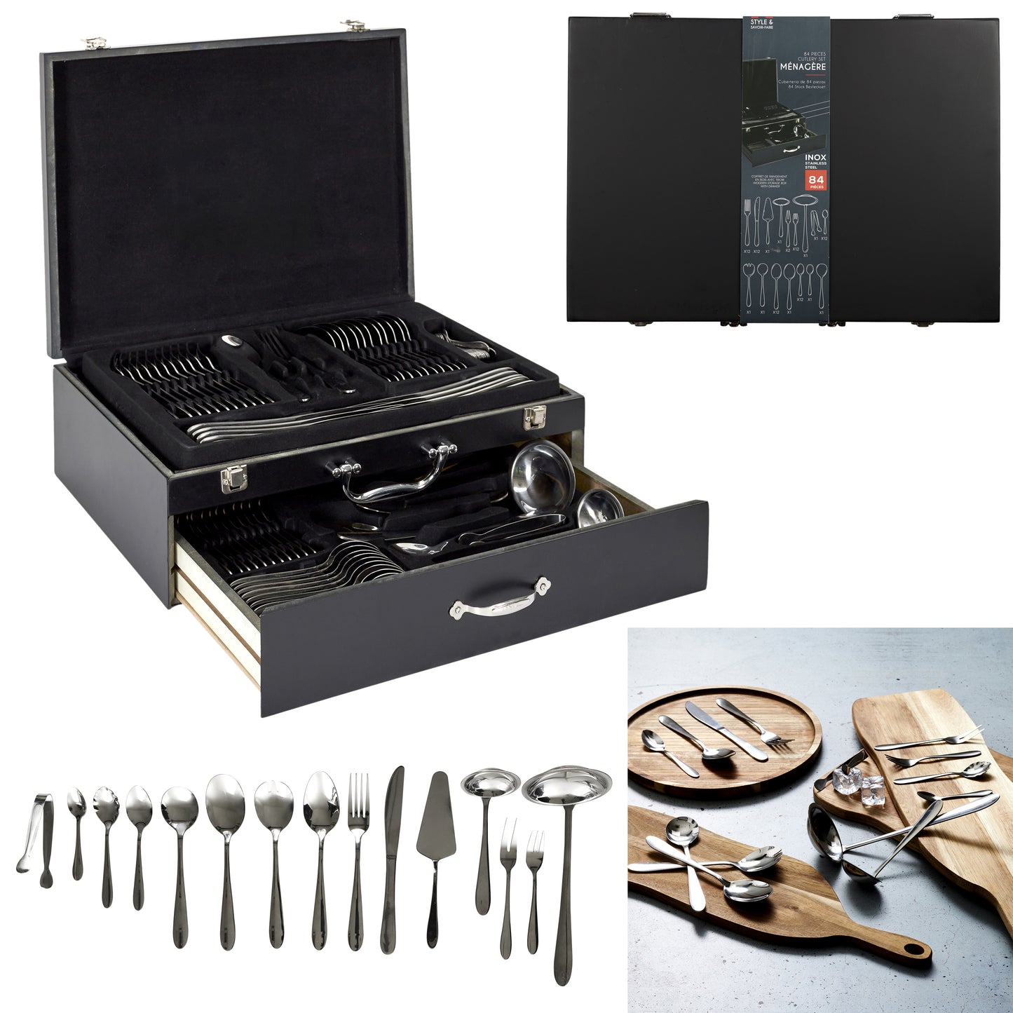 Menagere 84 Pieces Coffret En Bois Avec Tiroir