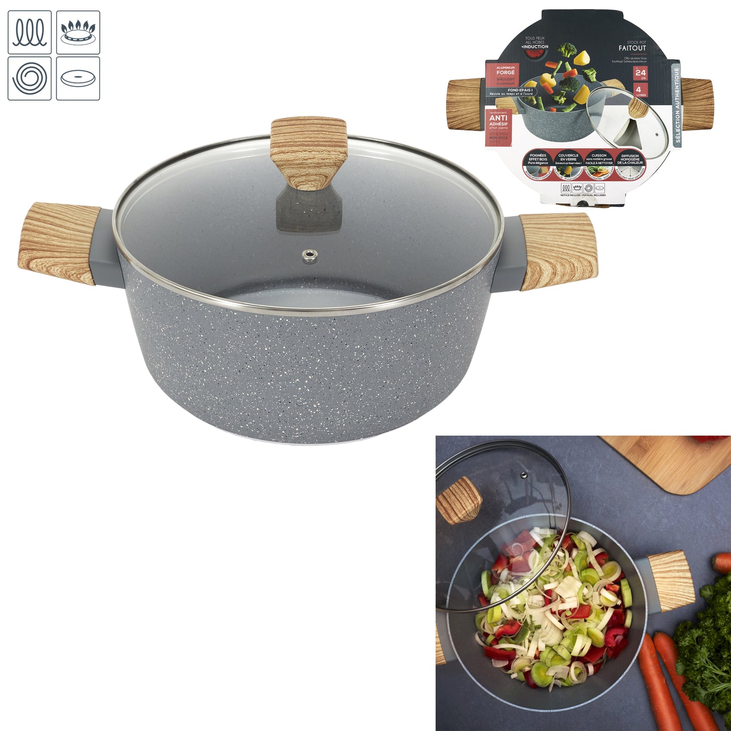 Faitout Aluminium Forge Manche Effet Bois 24Cm