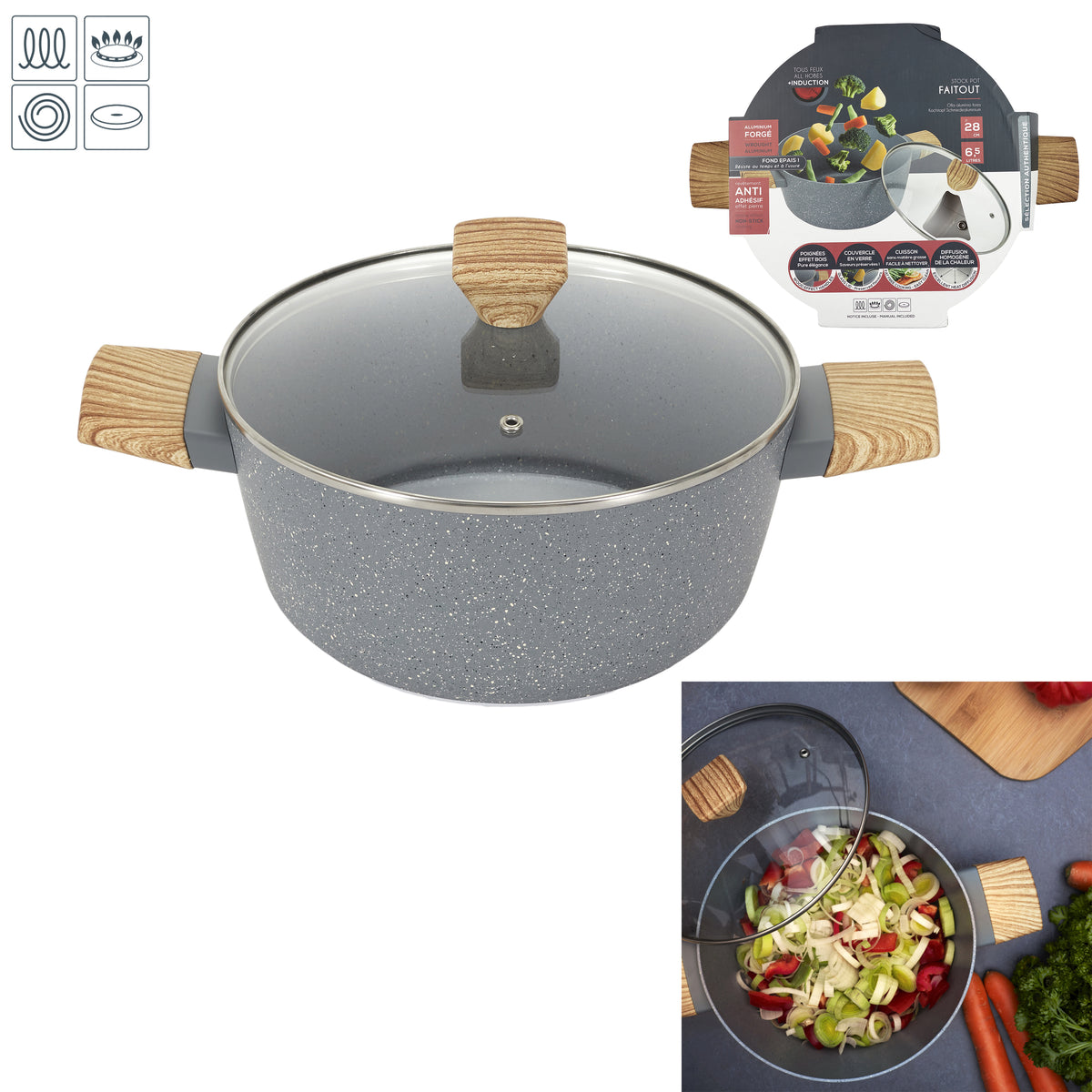 Faitout Aluminium Forge Manche Effet Bois 28Cm