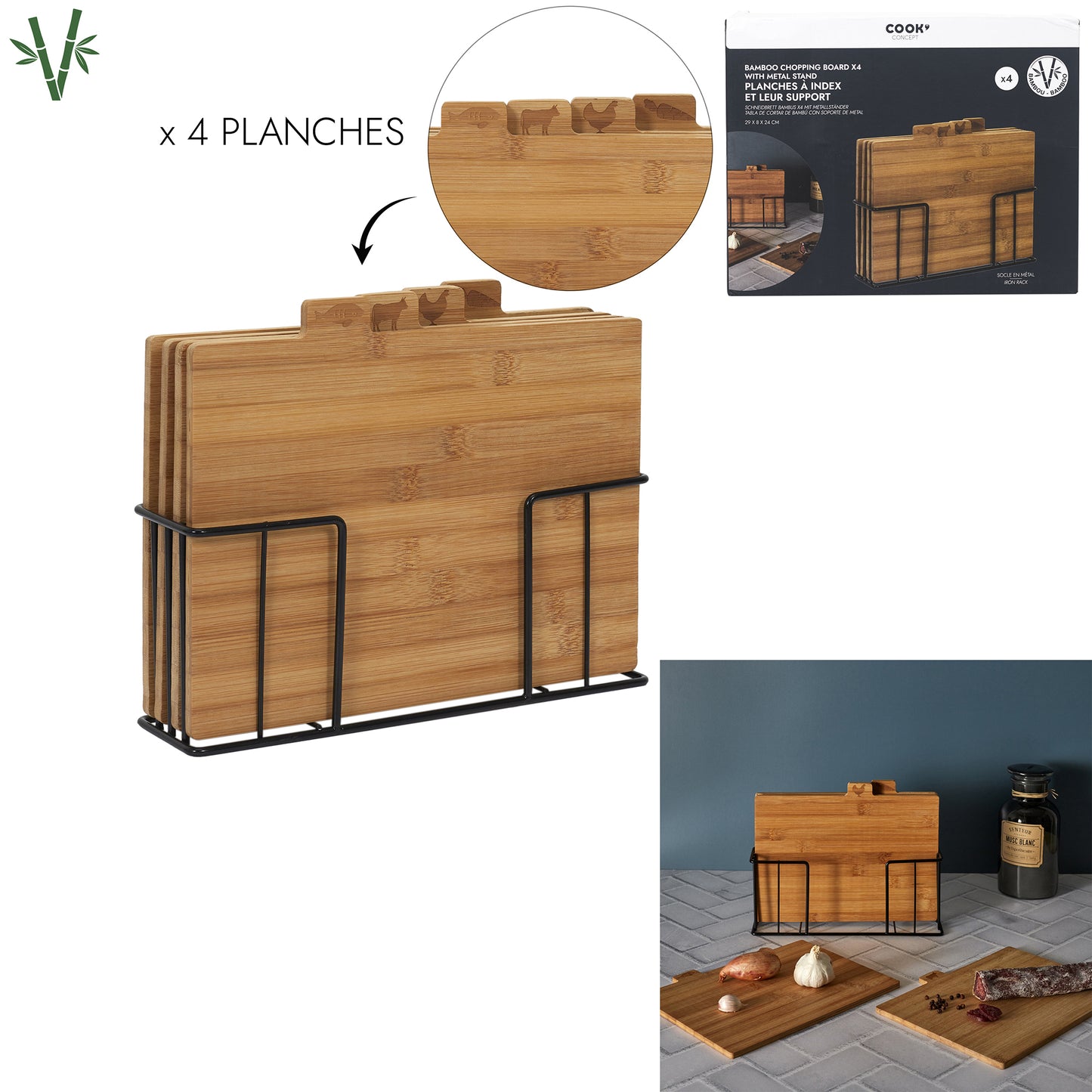 Planche A Decouper Bambou X4 Avec Socle Metal