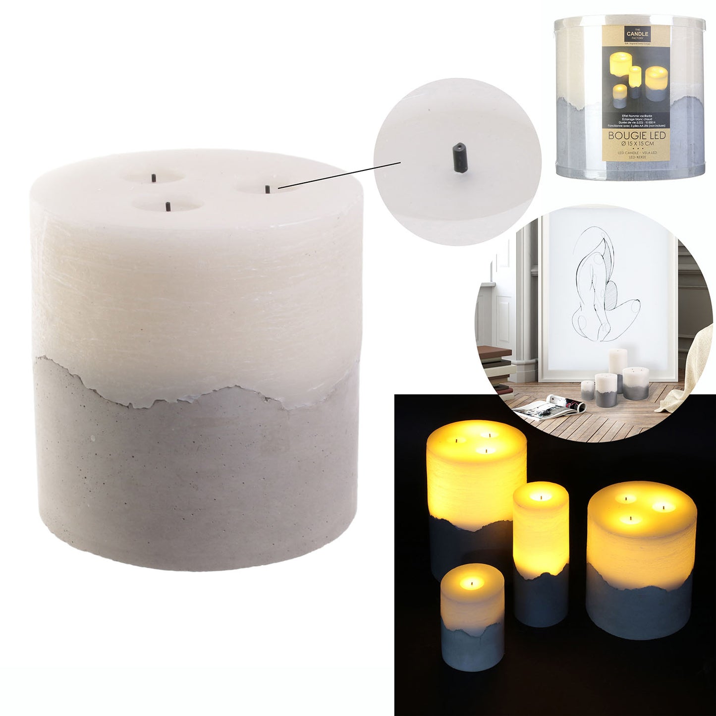 Bougie Led Base Ciment15X15Cm