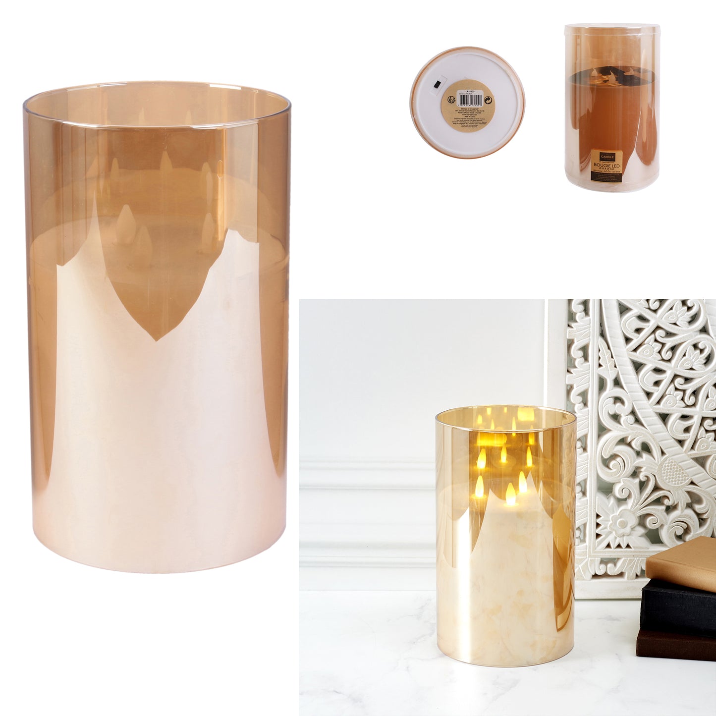 Bougie Led Verre Ambre 25X15Cm