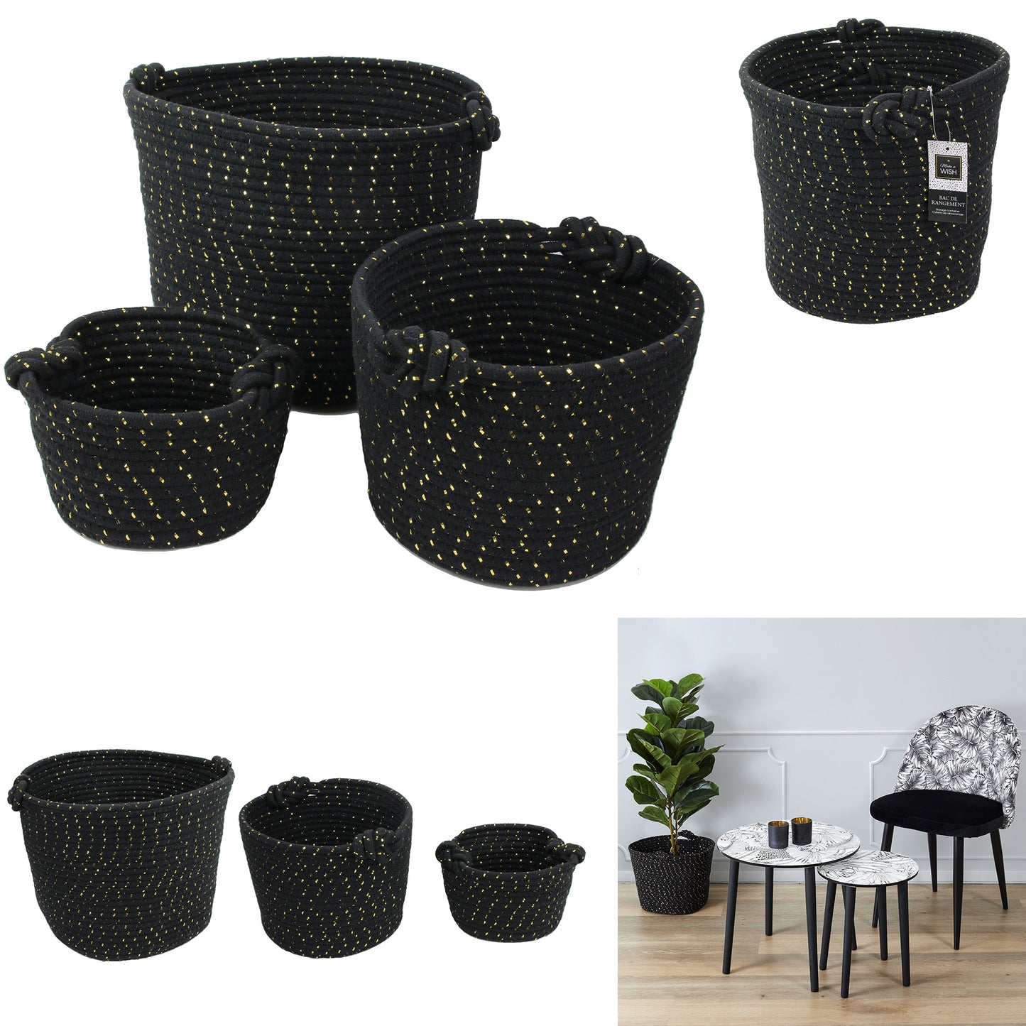 Bac Rangement Coton Noir Et Fibre Dore X3