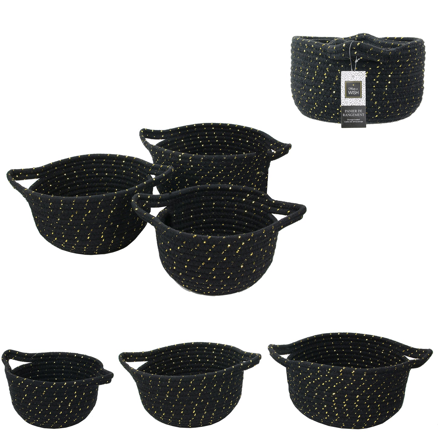 Panier Rangement Coton Noir Et Fibre Dore X3