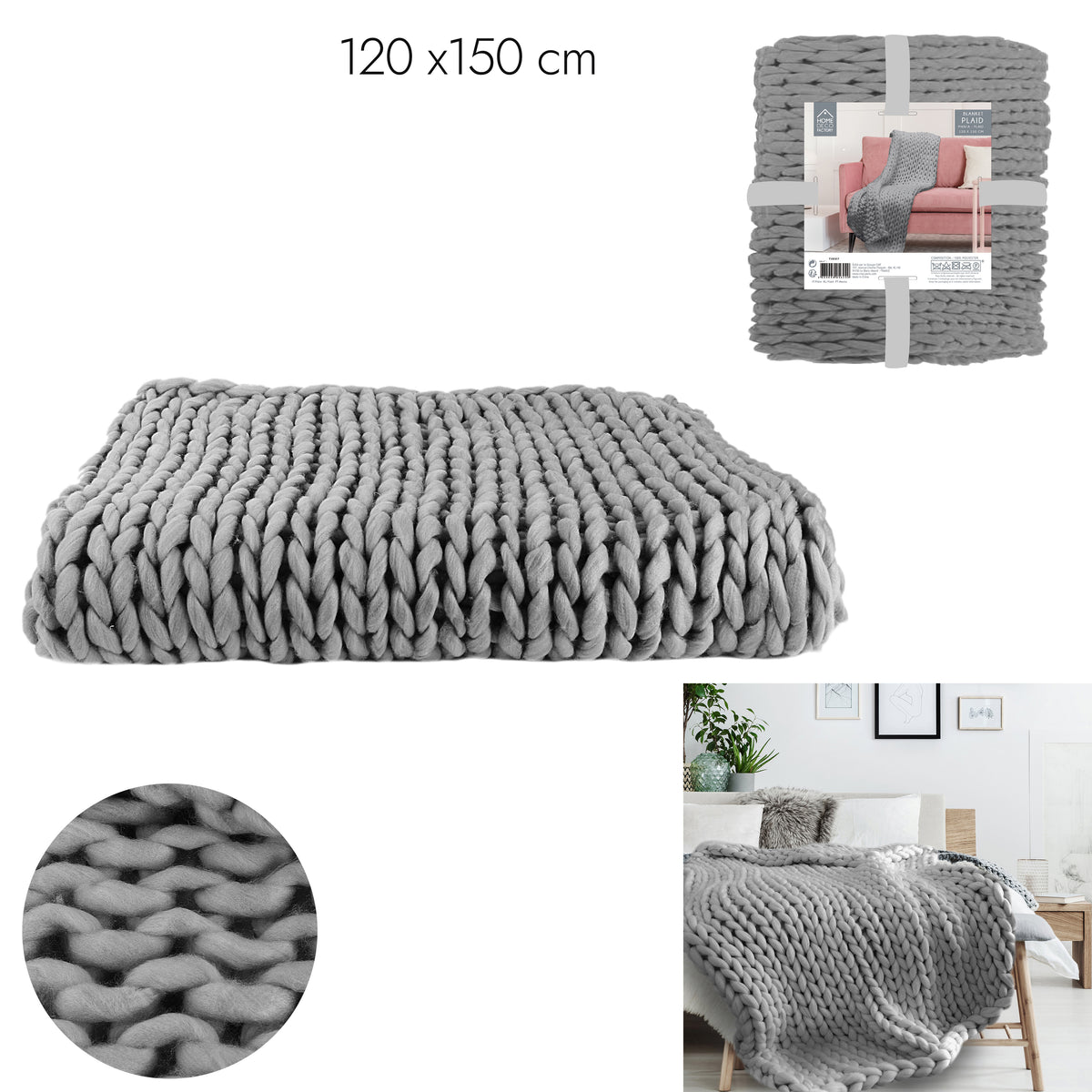 Plaid Grosse Maille Chunky Gris 120X150Cm