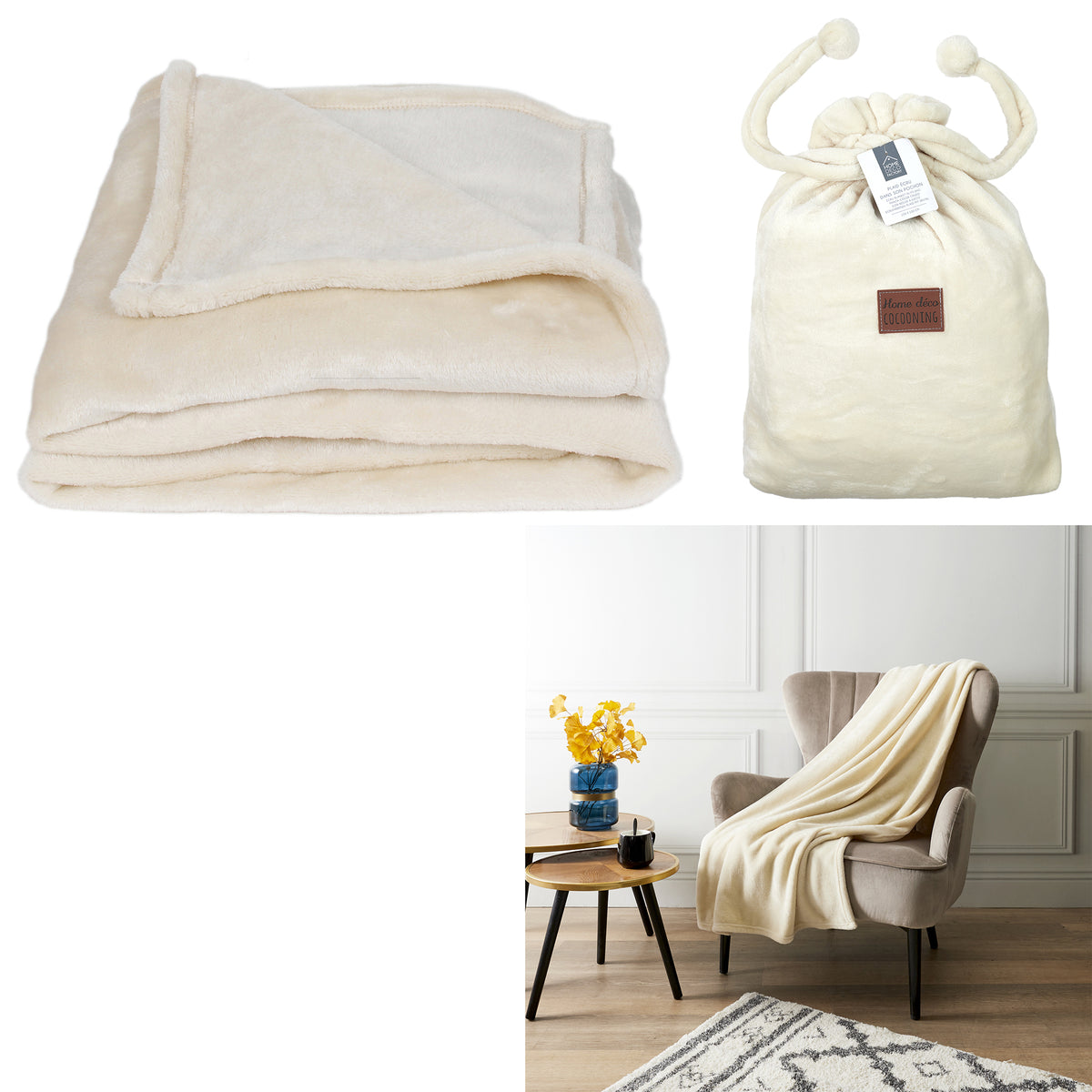 Plaid Pochon Flanelle Ecru 120X150Cm