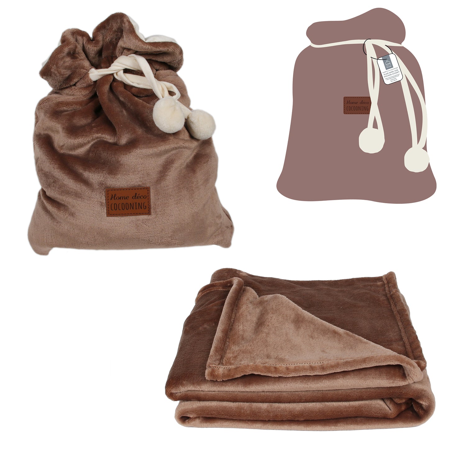 Plaid Pochon Flanelle Marron Ponpons 120X150Cm