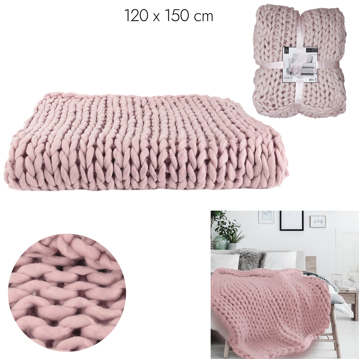 Plaid Grosse Maille Chunky Rose 120X150Cm